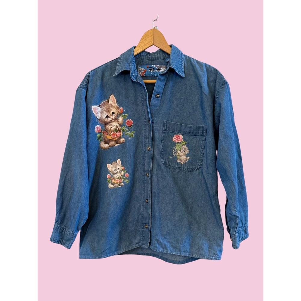 Wms Vintage 90's Oversized XS/M Denim/Chambray Cats/Kittens Button Down LS Shirt